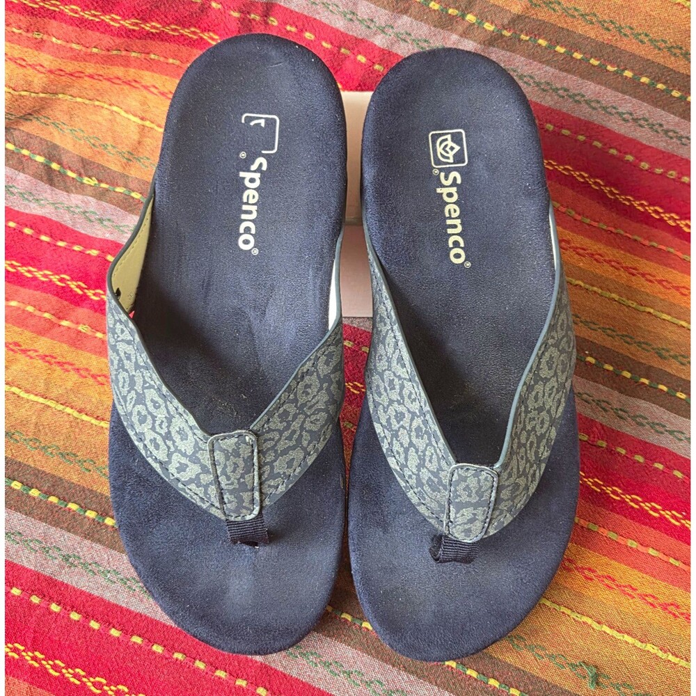 SPENCO Women’s NEWPORT Cheetah Orthotic Navy Leopard Flip Flops Sandal 9D Thong